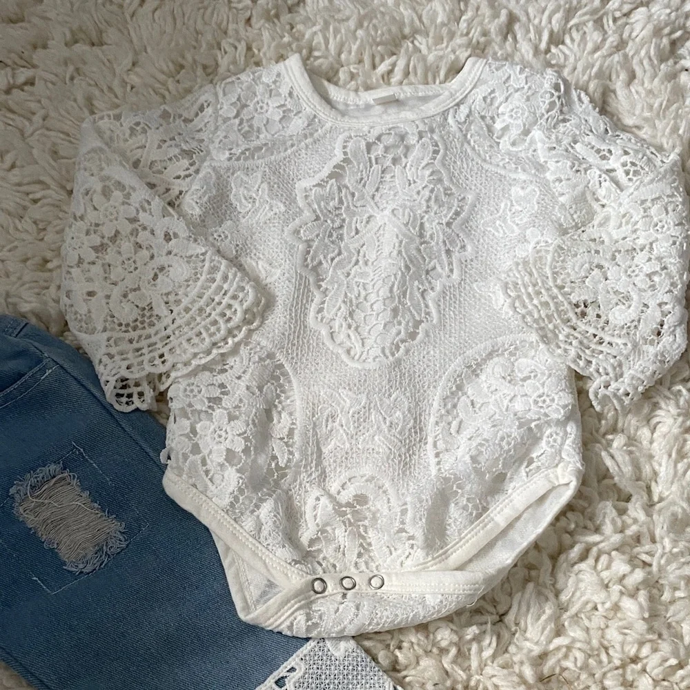 girls size 18mo -24mo matching set White Lace 1pc top Blue Jeans w white lace ¥